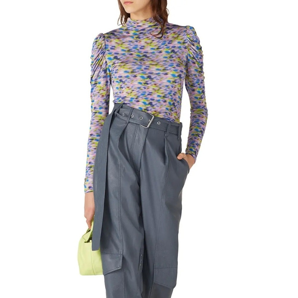 Tanya Taylor Top Women XS Multicolor‎ Adonica Puff Sleeve Mock Neck Printed Crop